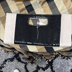 Two-Tone Black and Blush Faux Snakeskin Cutout Handle Clutch